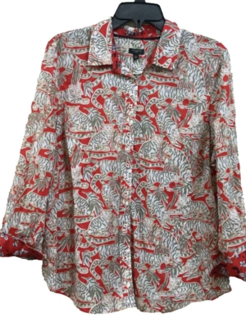 Talbots women Petite XLp Blouse Top Shirt Button safari Animal Green Tan Paprika